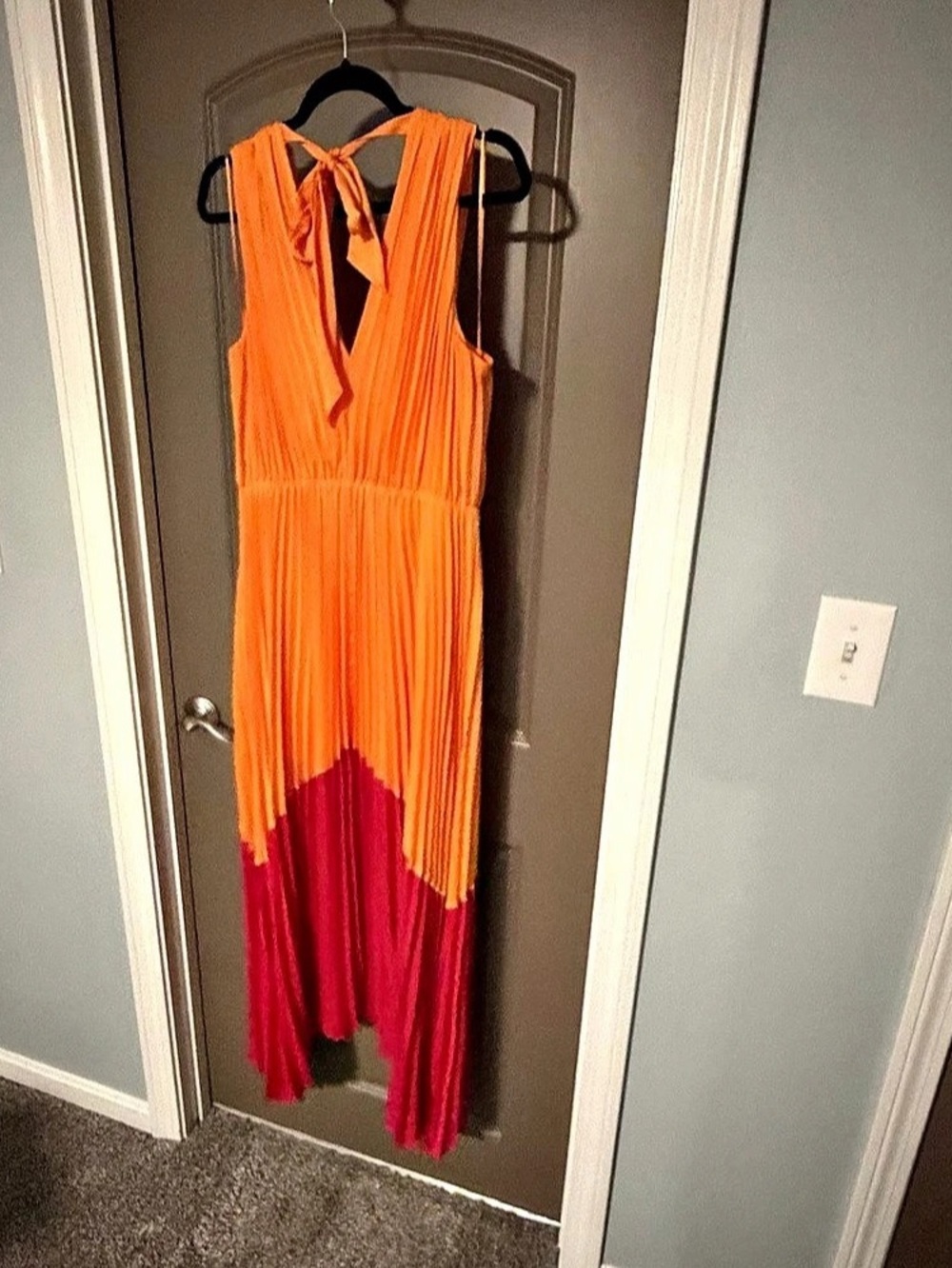 Express Pleated Color Block Maxi Dress in Orange & Pink